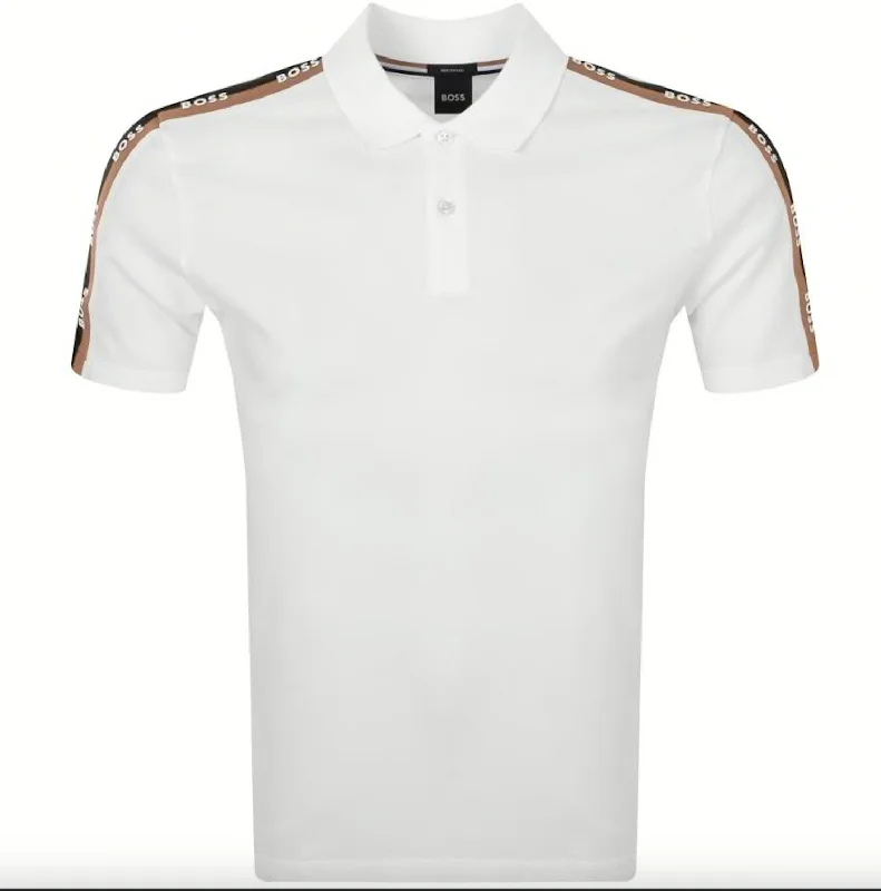 Men's short-sleeve bold rich-sporty-subtle-elegant-premium tee-Hugo Boss Men's Parlay White Pique Cotton Shoulder Logo Short Sleeve Polo T-Shirt