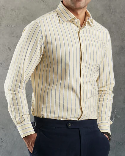 Indigo White Stripes On Pale Yellow Oxford Shirt