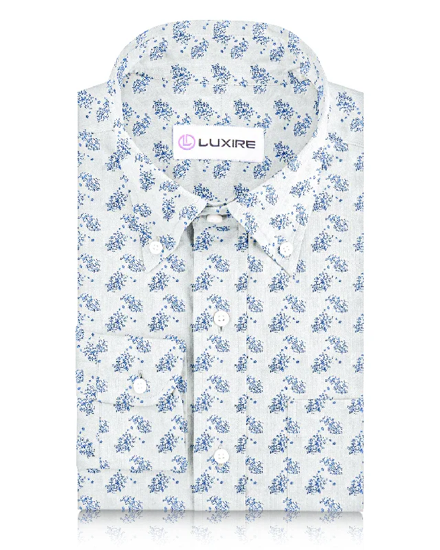 Linen: Pale Blue Printed shrubs On White