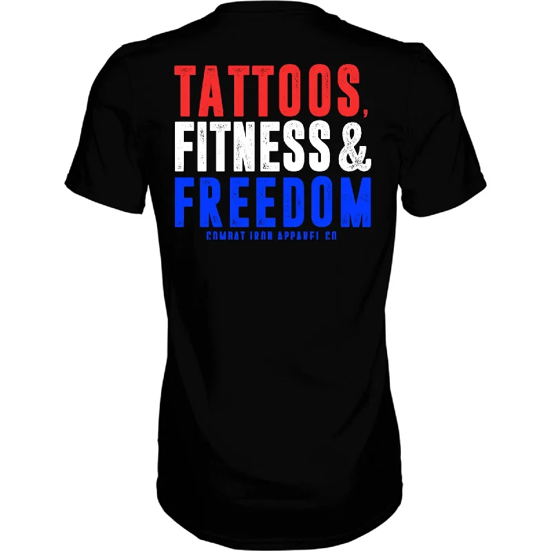 Men's short-sleeve fresh modern-vibrant-tropical-rich-mustard shirt-Tattoos, Fitness, & Freedom USA Edition Men's T-Shirt