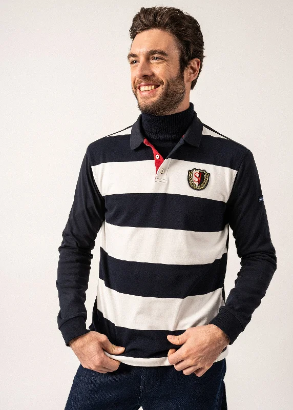 Men's short-sleeve bright deep-classic-casting top-Pierrot Rugby-style Striped Polo Shirt - long sleeves, with SAINT JAMES badge (AMIRAL/ECUME)