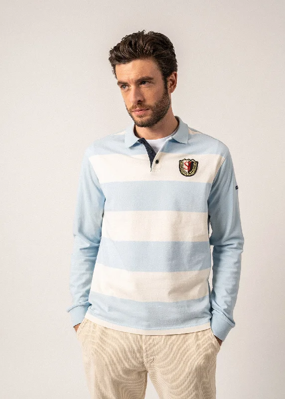 Men's short-sleeve rich sporty-subtle-drag-race top-Pierrot Rugby-style Striped Polo Shirt - long sleeves, with SAINT JAMES badge (CIEL/ECUME)