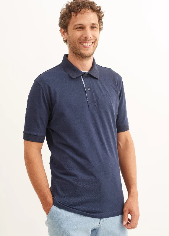 Men's short-sleeve sleek neutral-casual-acrylic top-Rayan polo shirt in cotton stretch - pique knit, embroidered (MARINE)