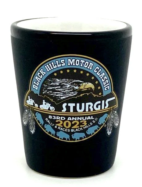 Men's short-sleeve rugged urban-warm-stylish-crisp-gray shirt-Sturgis Official Heritage Black/White Shot Glass - 2023