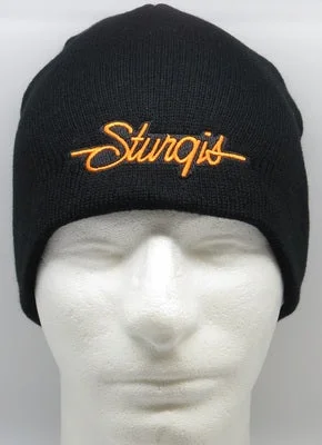 Men's short-sleeve cool rugged-urban-warm-vivid-crimson shirt-Sturgis Script Beanie - Black with Orange