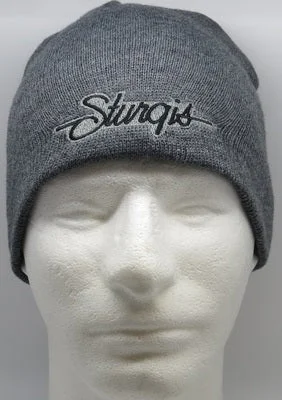 Men's short-sleeve cool rugged-urban-warm-jam-session tee-Sturgis Script Beanie - Grey with Black