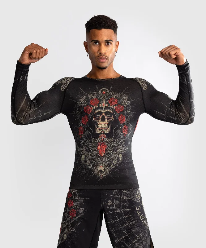 Men's short-sleeve rich sporty-subtle-soft-faint-sage shirt-Venum Santa Muerte 5.0 Men’s Long Sleeve Rashguard - Deep Black/Gold