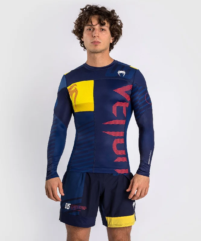 Men's short-sleeve sleek pearl shirt-Venum Sport 05 Rashguard Long Sleeves - Blue/Yellow