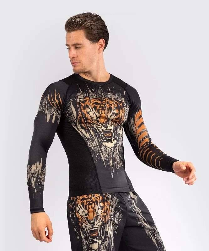 Men's short-sleeve warm stylish-sleek-neutral-pale-taupe top-Venum Tiger Men's Long Sleeve Rashguard - Black/Neon Orange