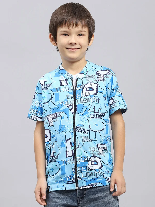 Men's short-sleeve bright sky-blue shirt-Boys Blue & White Printed Round Neck Half Sleeve Pack of T-Shirt & Shirt