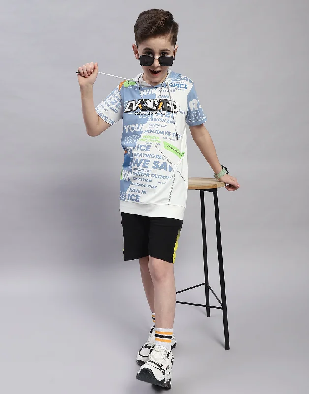 Men's short-sleeve cool rugged-urban-warm-breathable-alpaca top-Boys Off White Printed Hooded Half Sleeve T-Shirt