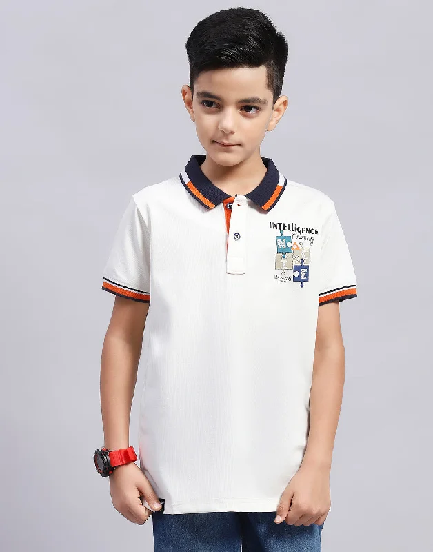 Men's short-sleeve sporty jade shirt-Boys Off White Printed Polo Collar Half Sleeve T-Shirt