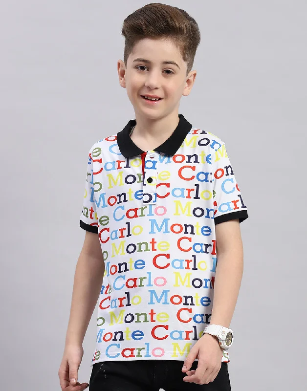 Men's short-sleeve retro cool-rugged-urban-warm-jam-session top-Boys White Printed Polo Collar Half Sleeve T-Shirt