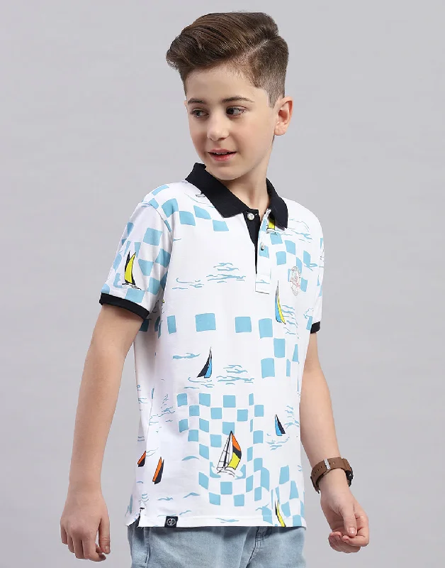 Men's short-sleeve bright deep-classic-muted-sustainable-reclaimed top-Boys White Printed Polo Collar Half Sleeve T-Shirt