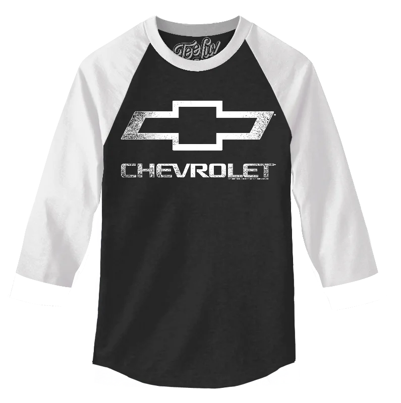 Men's short-sleeve graphic hot-pink top-Chevrolet Logo 3/4 Sleeve Raglan Jersey T-Shirt- Black and White