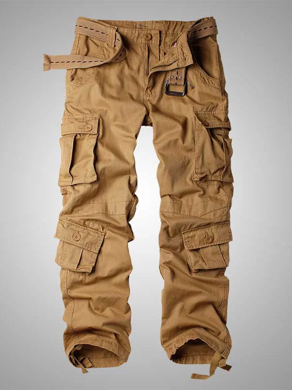 men's flat-front evening luster brown pants-men's straight leg commute gloss gray pants-Military Baggy Trousers 8 Pockets Cargo Pants