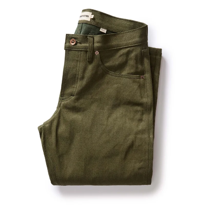 men's tapered workday sheen white pants-men's flat-front evening matte navy pants-The Democratic Jean in Olive Nihon Menpu Selvage