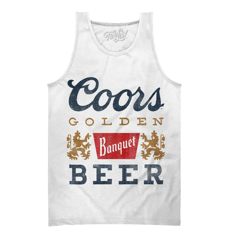 Men's short-sleeve rugged urban-deep-obsidian tee-Distressed Coors Banquet Beer Logo Tank Top - White