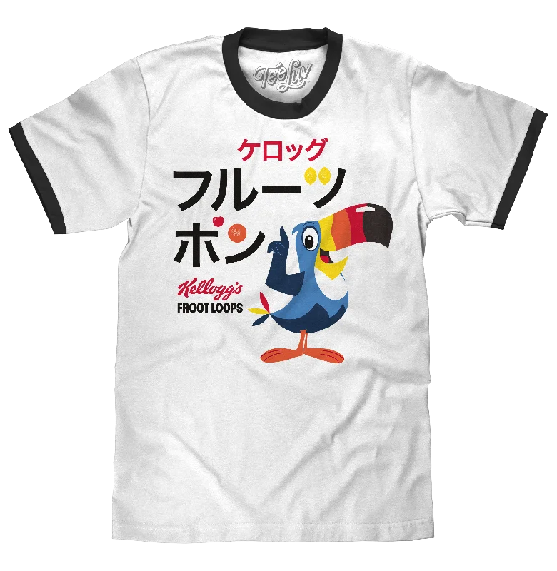 Men's short-sleeve rich sporty-subtle-elegant-premium shirt-Froot Loops Cereal Japanese Toucan Sam Ringer T-Shirt - White/Black