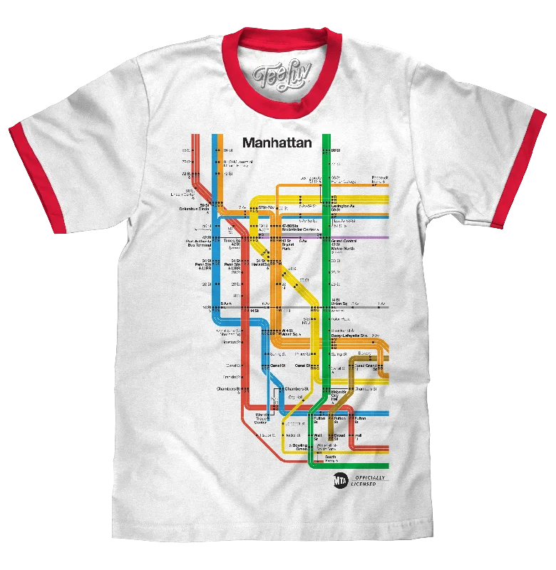 Men's short-sleeve neutral casual-light-thistle tee-Manhattan Metro Map Ringer T-Shirt - White and Red