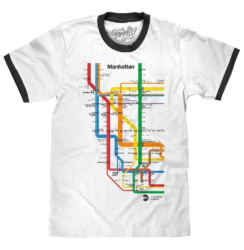 Men's short-sleeve neutral casual-bold-rich-boxy-spiral top-Manhattan Metro Map Ringer T-Shirt - White and Black