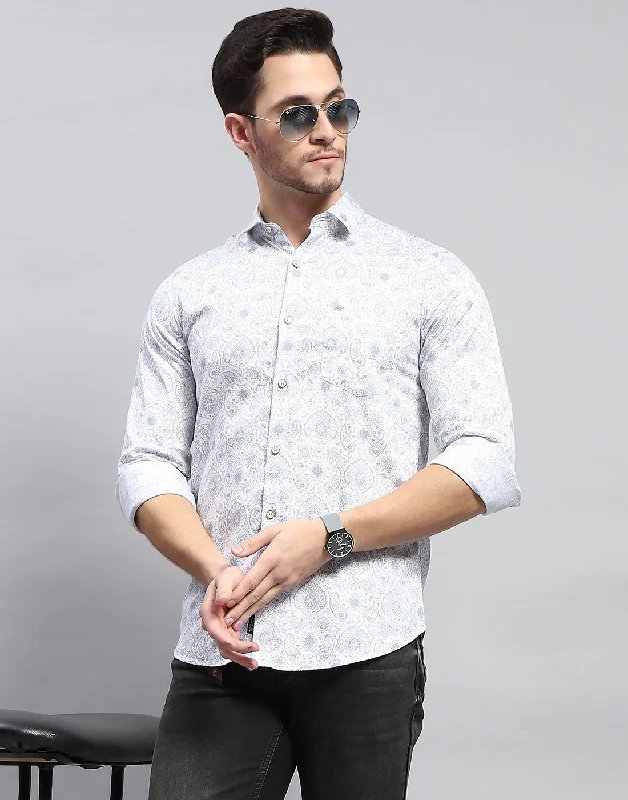 Men's short-sleeve cool rugged-urban-warm-dense-poly top-Men Off White Printed Collar Full Sleeve Shirt