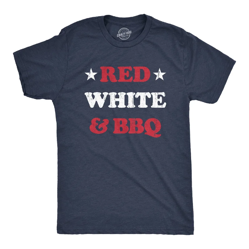 Men's short-sleeve cool parade top-Mens Red White And BBQ T Shirt Funny Patriotic Barbecue Text Tee For Guys