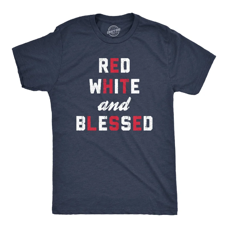 Men's short-sleeve bright rugby top-Mens Red White And Blessed T Shirt Funny Fourth Of July Party Text Tee For Guys