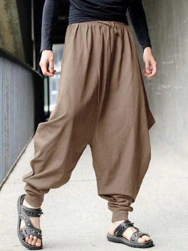 men's tapered workday gloss brown pants-men's pleated travel dull gray pants-Men's Vintage-Inspired Loose Harem Pants