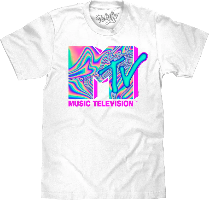 Men's short-sleeve sporty subtle-soft-pure-tonal shirt-MTV 80s Neon Logo T-Shirt - White