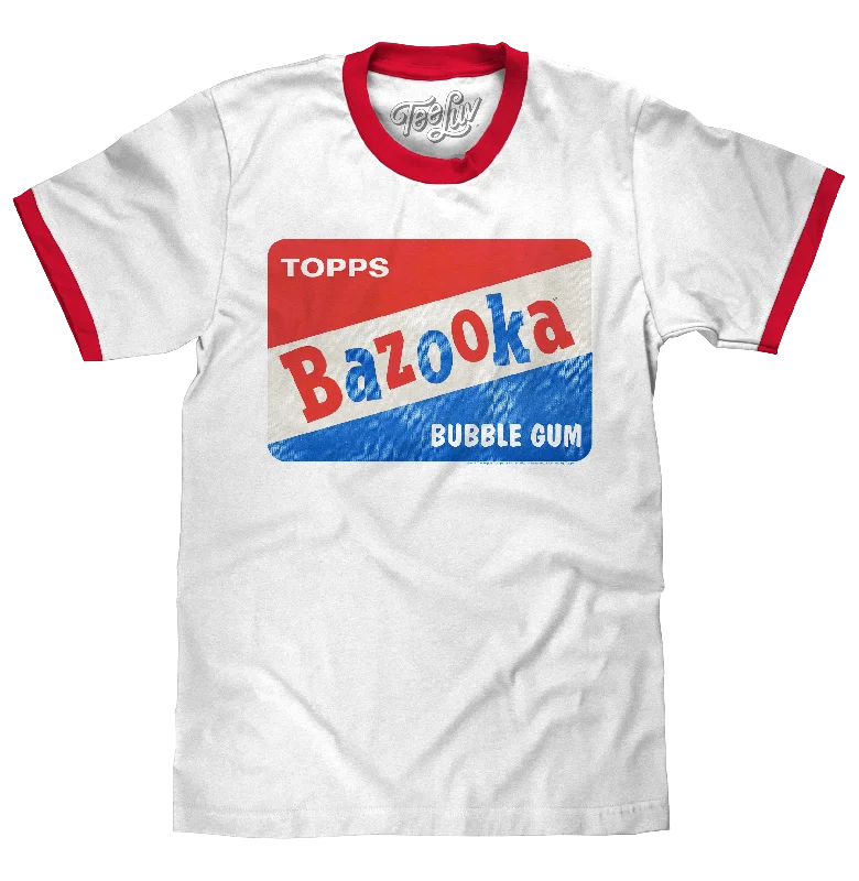 Men's short-sleeve rugged urban-warm-stylish-deep-burgundy tee-Topps Bazooka Bubble Gum Ringer T-Shirt- Red and White