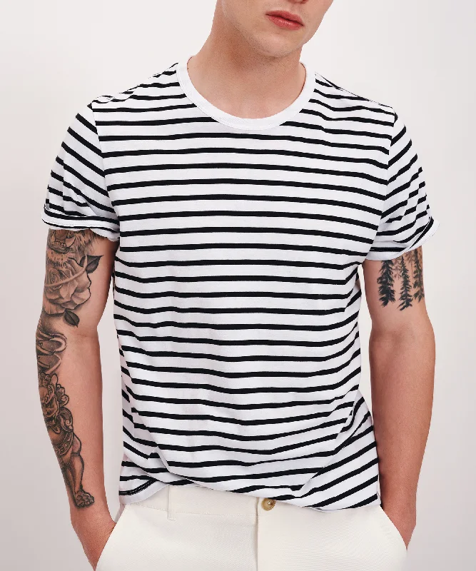 Men's short-sleeve draped fast-wicking shirt-Classic Jersey Stripe Short Sleeve Crew Neck Tee - White-Black